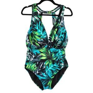 Aqua Green Tropical Blue Black & Green Leaf Print One Piece Swimsuit Women's XL